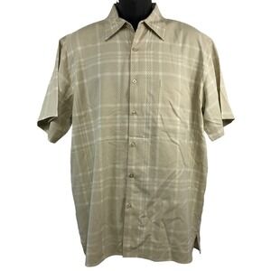 Bachrach Sz L 100% Silk Short Sleeve Button Down Shirt Tan Plaid Diamond Texture
